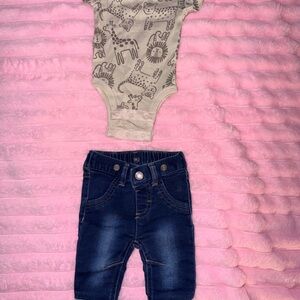 Baby Neutral Animal Print Onesie and Dark Denim Pant Set